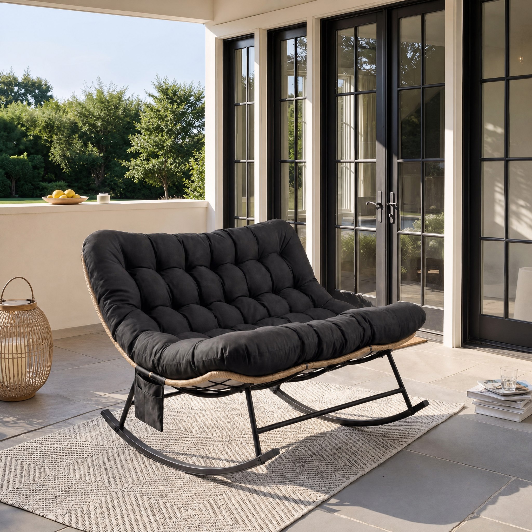 Fauteuil à bascule 2 places Tanda noir en résine tressée au jardin