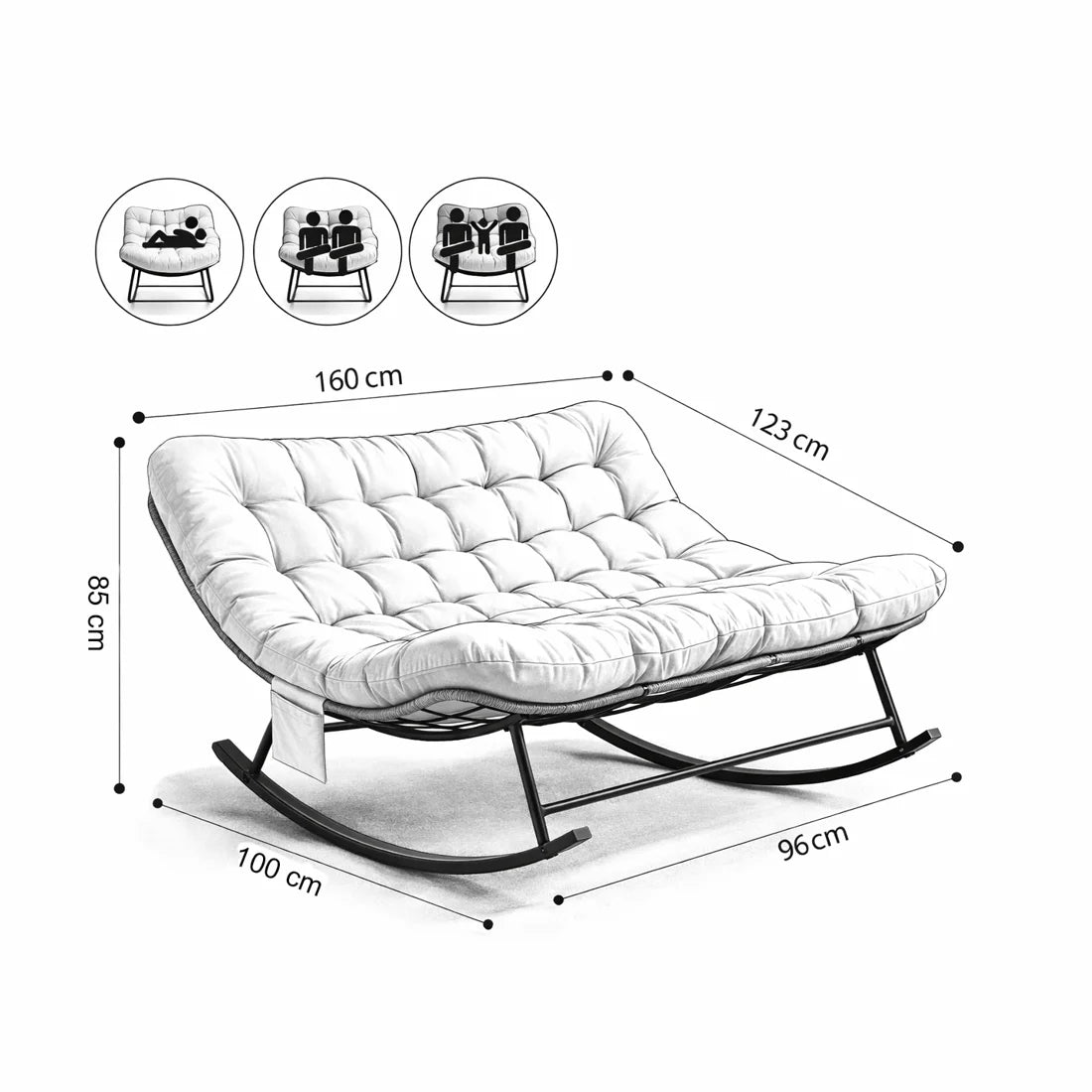 Dimensions du rocking chair Tanda : 160 × 100 × 85 cm