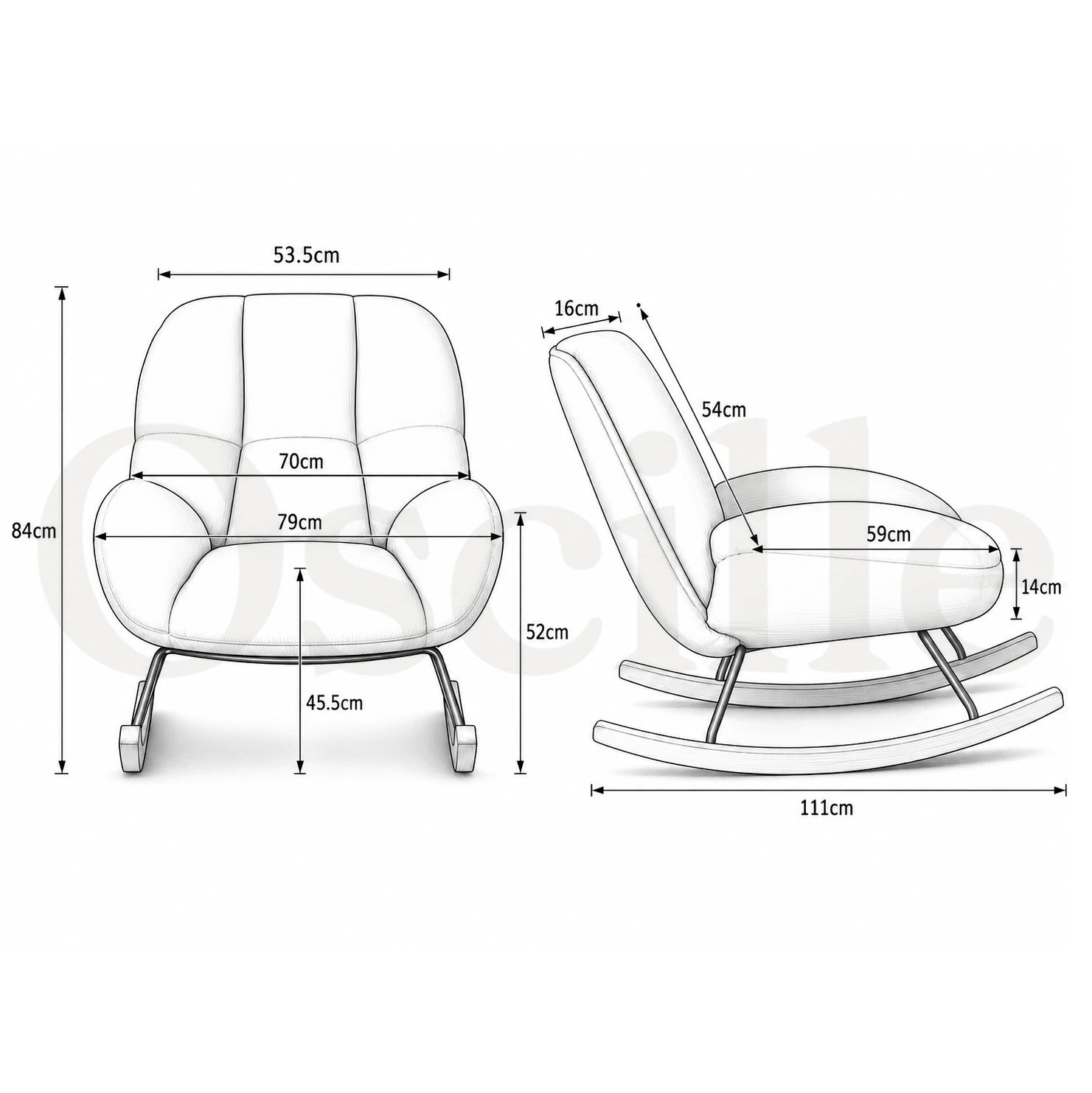 Dimensions du rocking chair Laina : 79 × 111 × 84 cm
