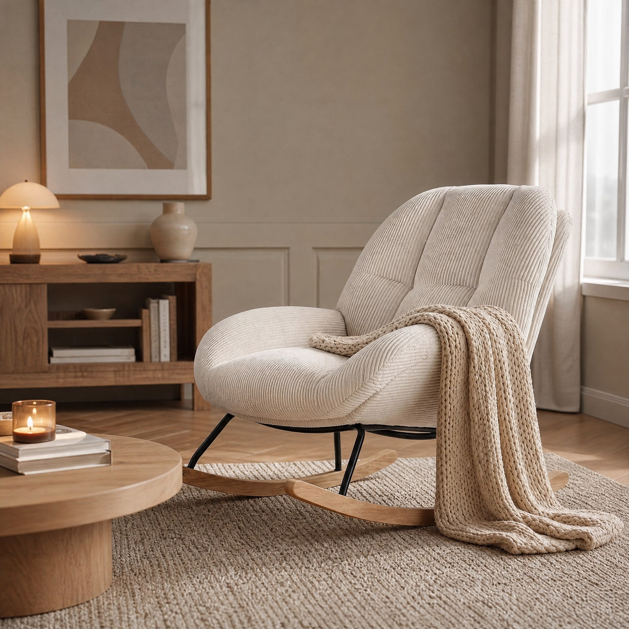 Fauteuil scandinave à bascule Laina en velours côtelé beige pour un coin lecture