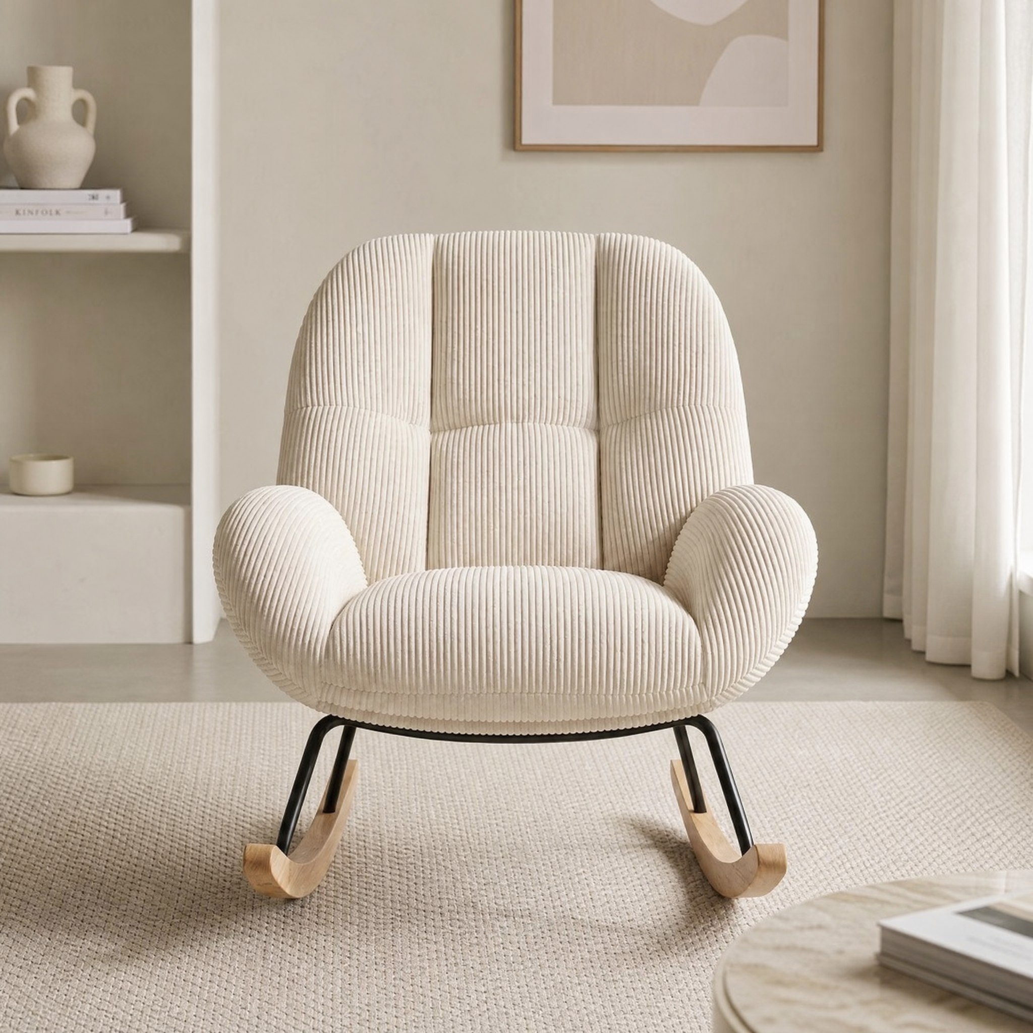 Fauteuil à bascule Laina en velours côtelé vu de face