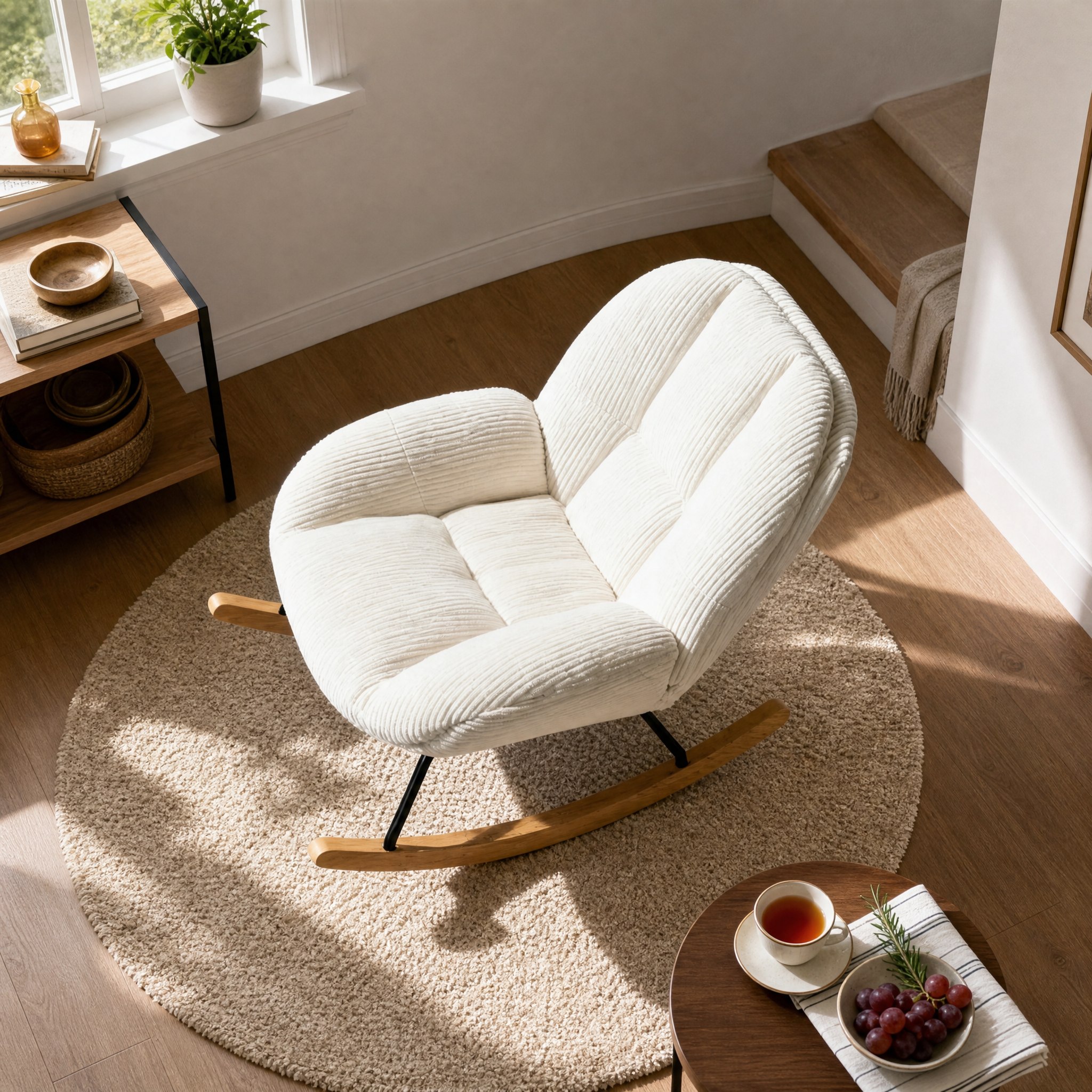 Rocking chair scandinave Laina sur un balcon baigné de lumière