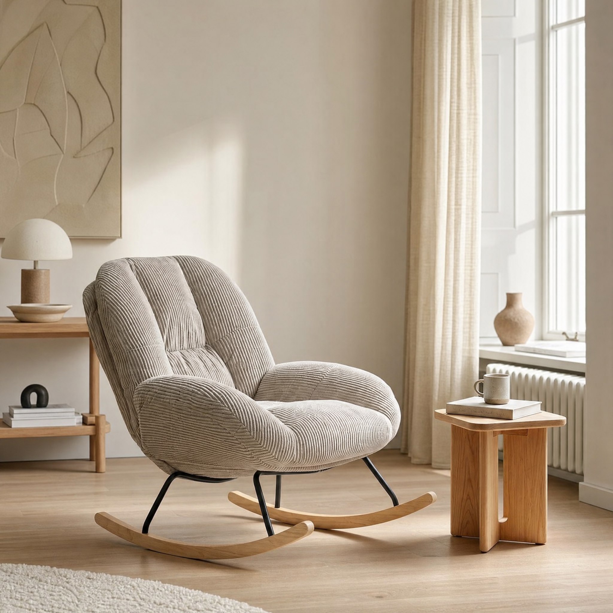 Fauteuil à bascule Laina en velours gris dans un salon contemporain