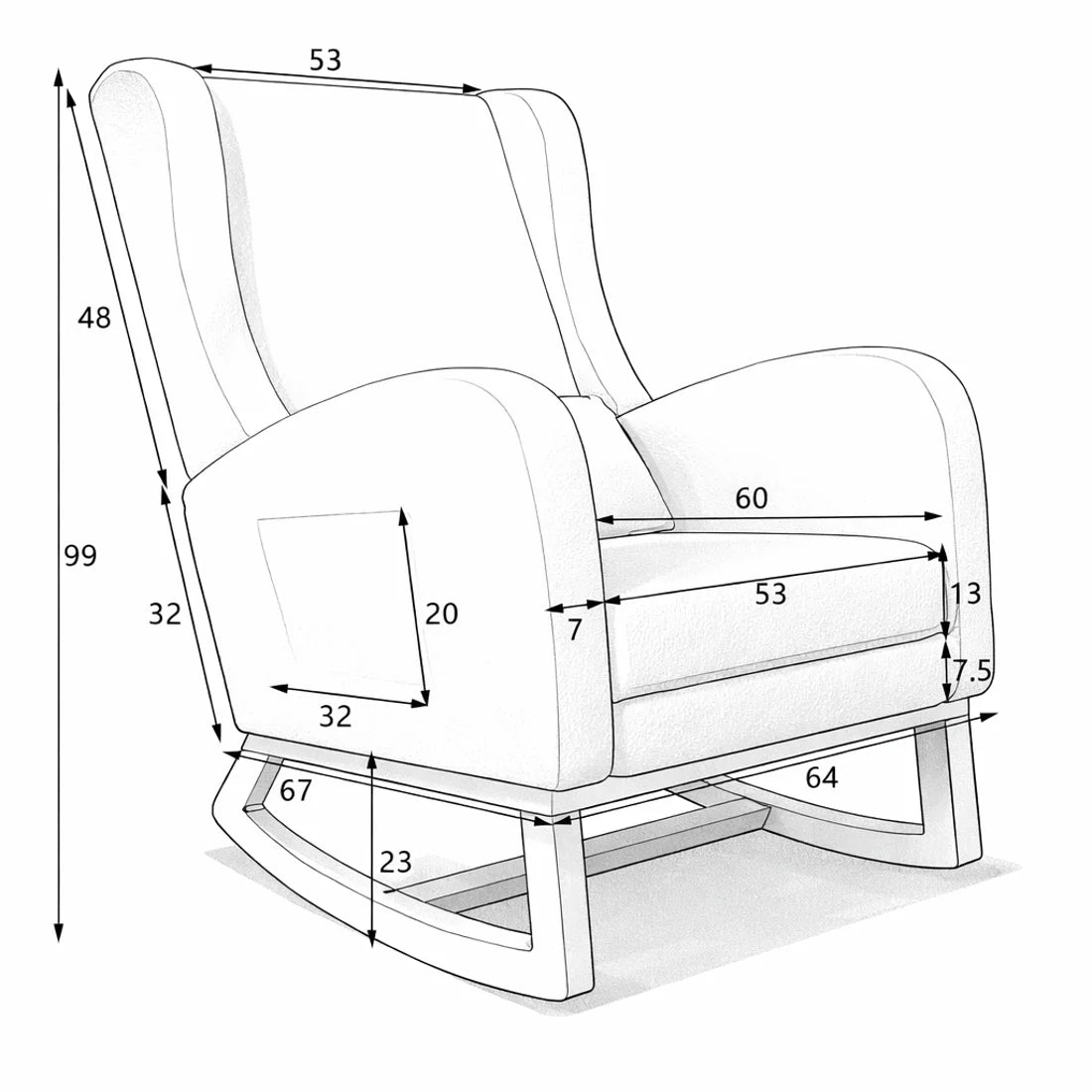 Dimensions du rocking chair Ivora : 67 × 64 × 99 cm