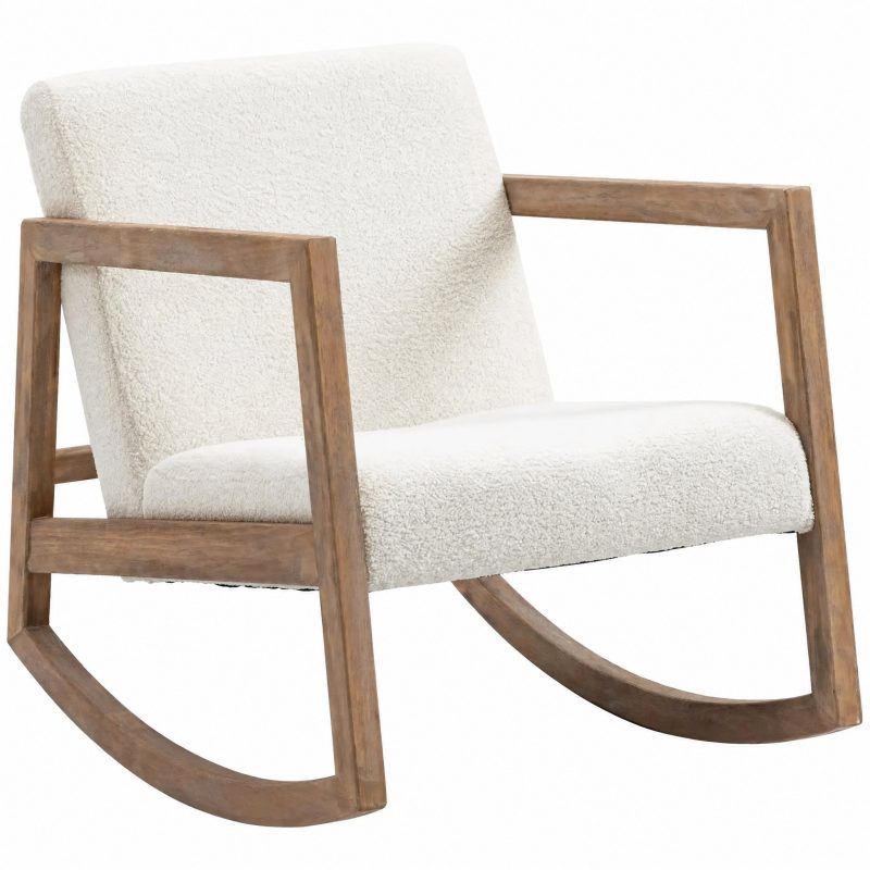 Fauteuil à bascule en bois Fjorda avec coussin bouclette sur fond blanc