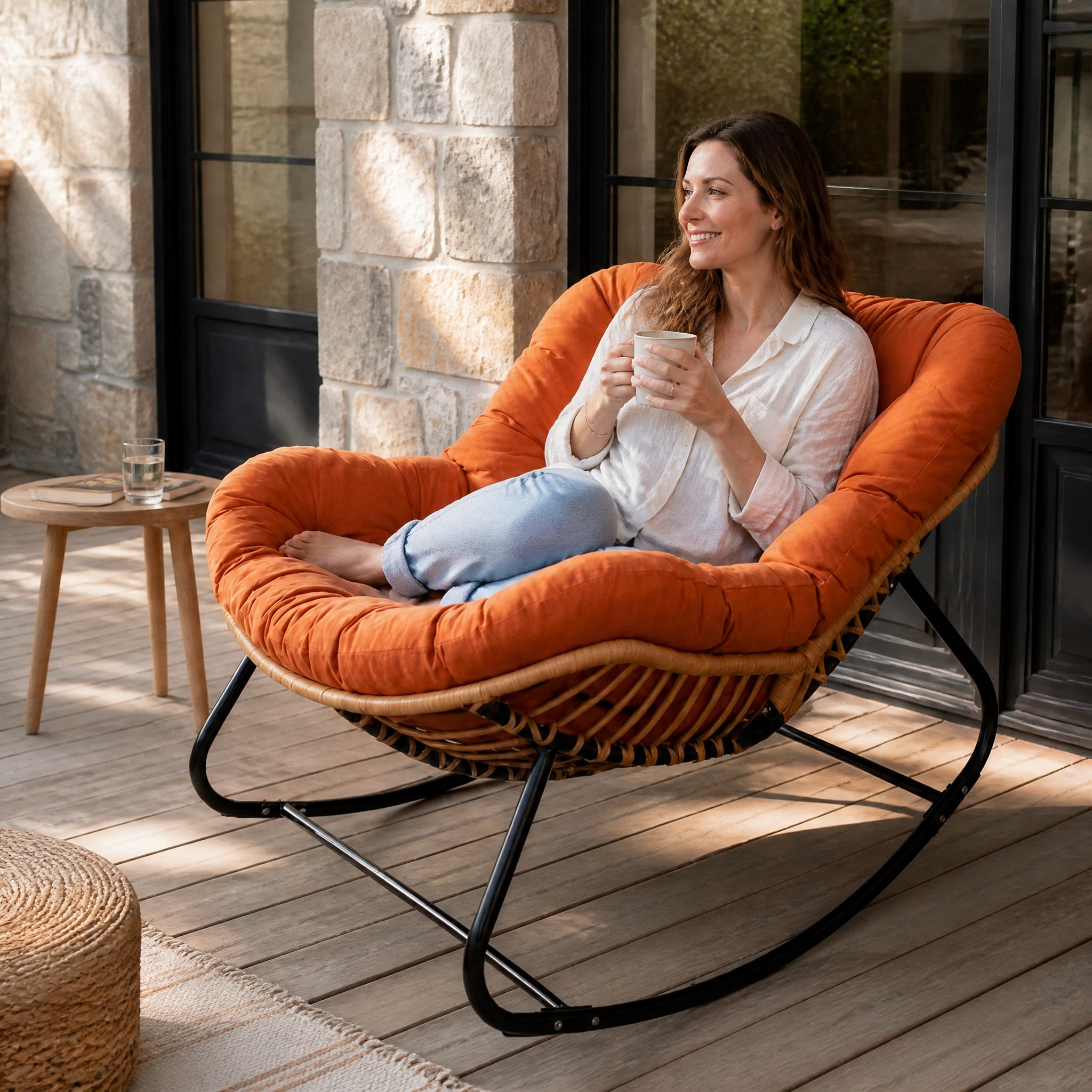 Fauteuil cocon à bascule Nimbo sur une terrasse