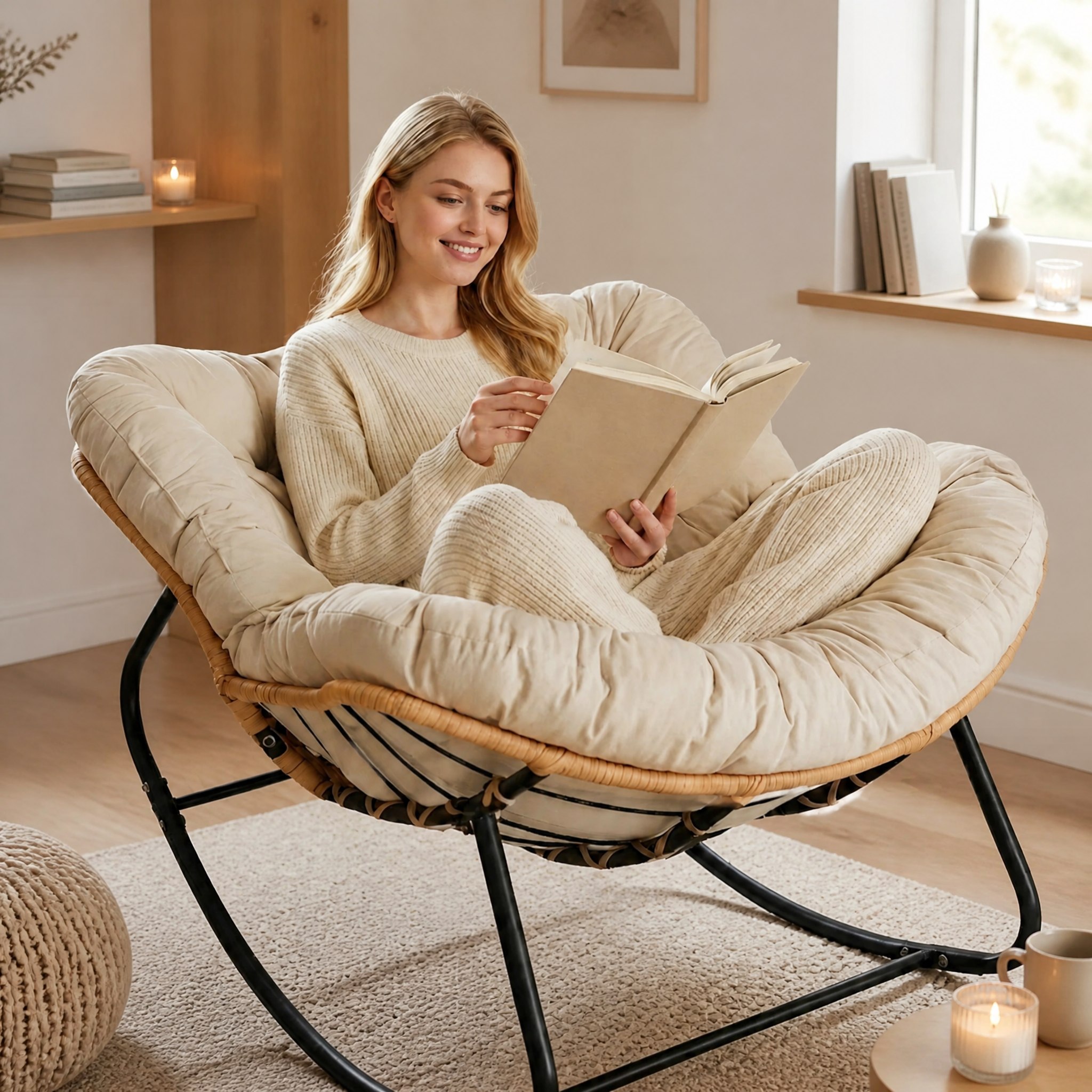 Rocking chair cocon Nimbo dans un coin lecture cosy
