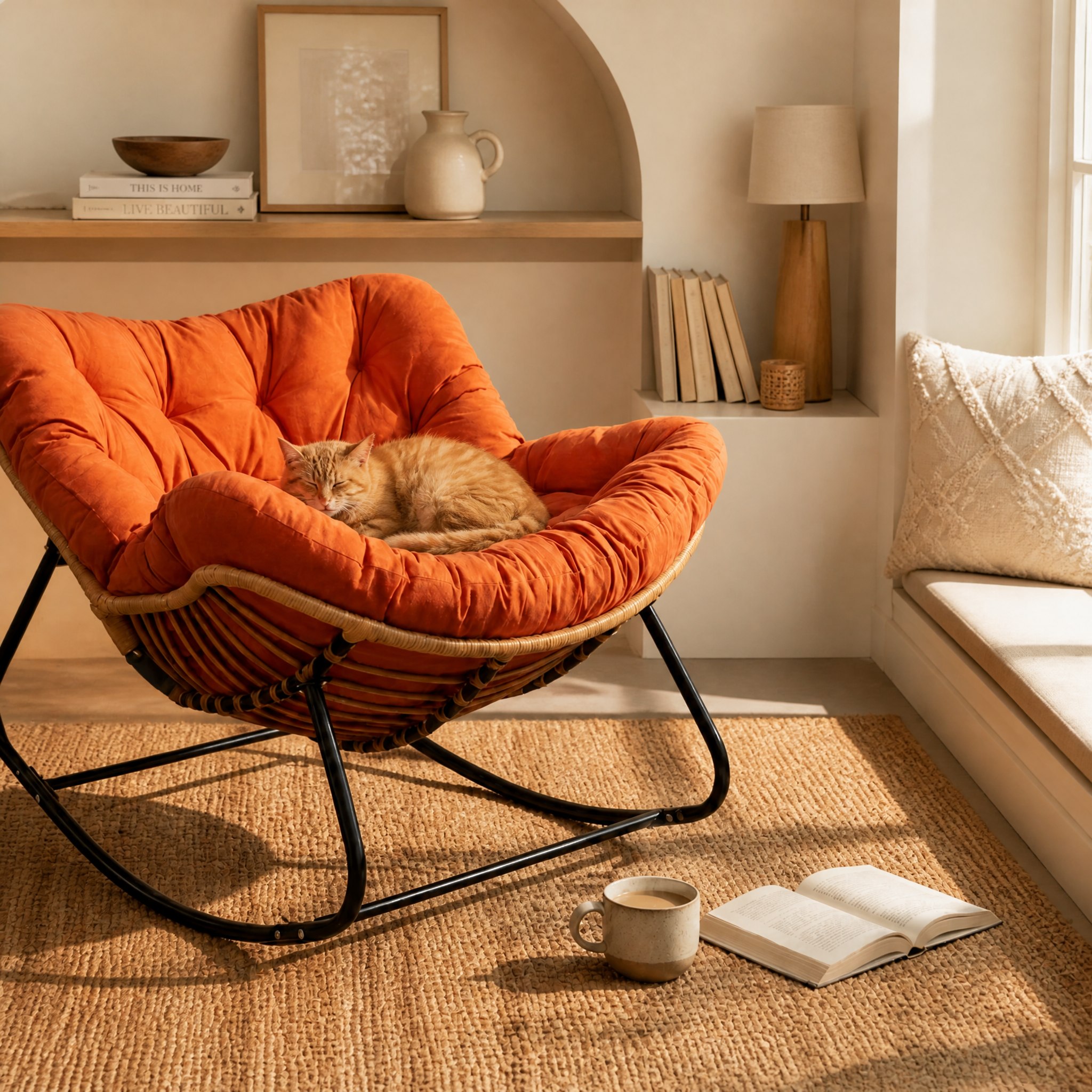 Chat roux installé sur le coussin du fauteuil cocon Nimbo