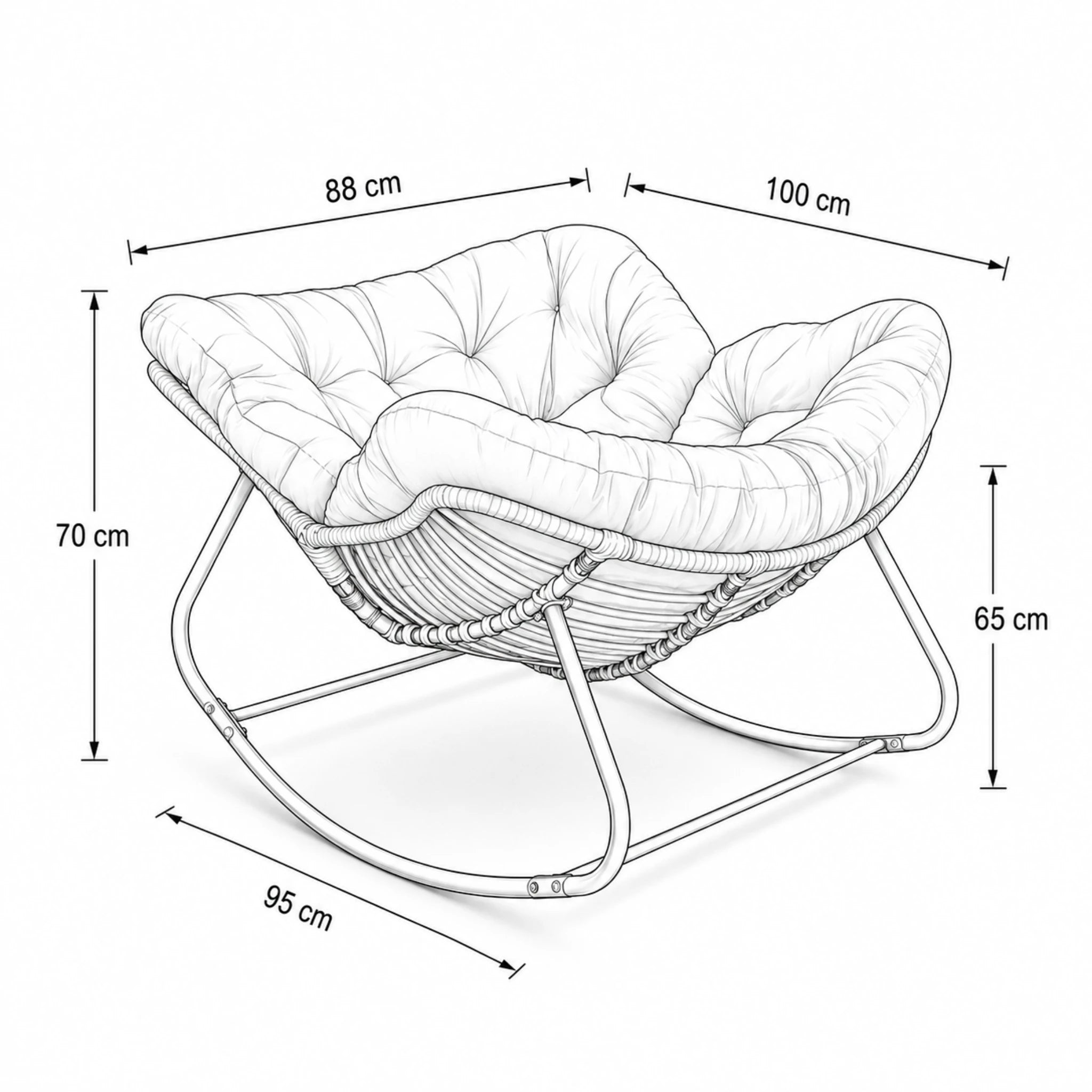 Dimensions du rocking chair Nimbo : assise 88 × 100 cm, hauteur 70 cm