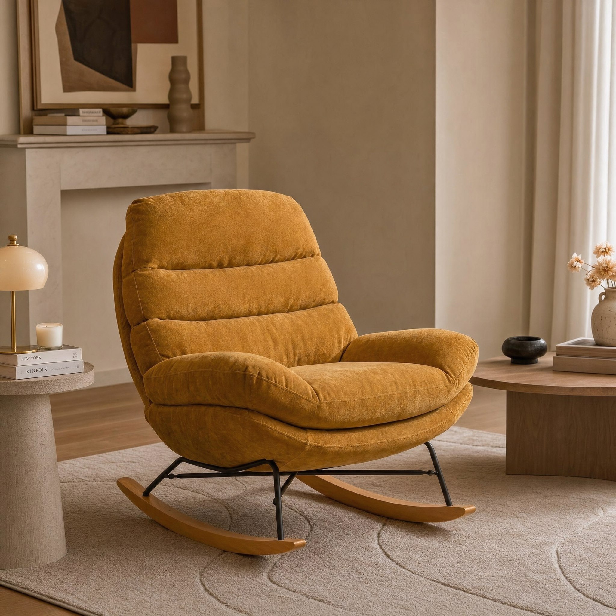 Fauteuil à bascule cocooning Nidra en chenille moelleuse dans un salon lumineux