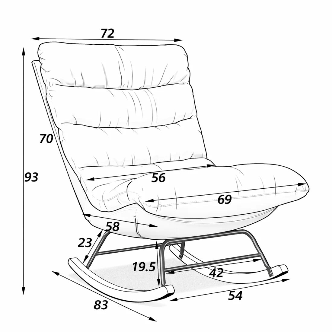 Dimensions du rocking chair Milda : 72 × 83 × 93 cm