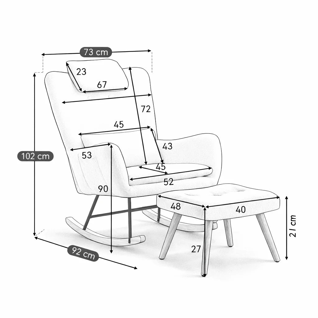 Dimensions du rocking chair Auba : 73 × 92 × 102 cm