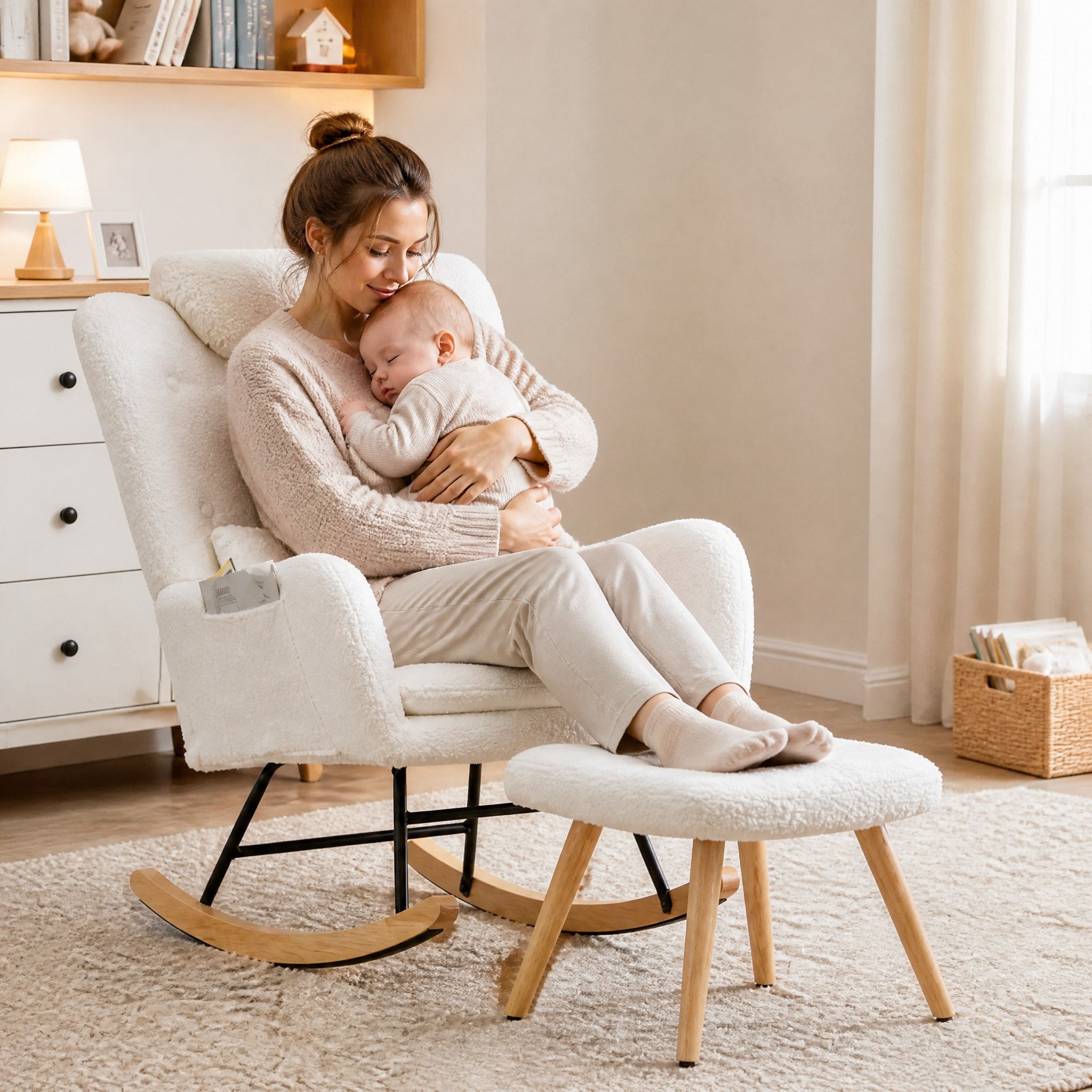Maman et bébé dans le fauteuil d'allaitement ergonomique Auba