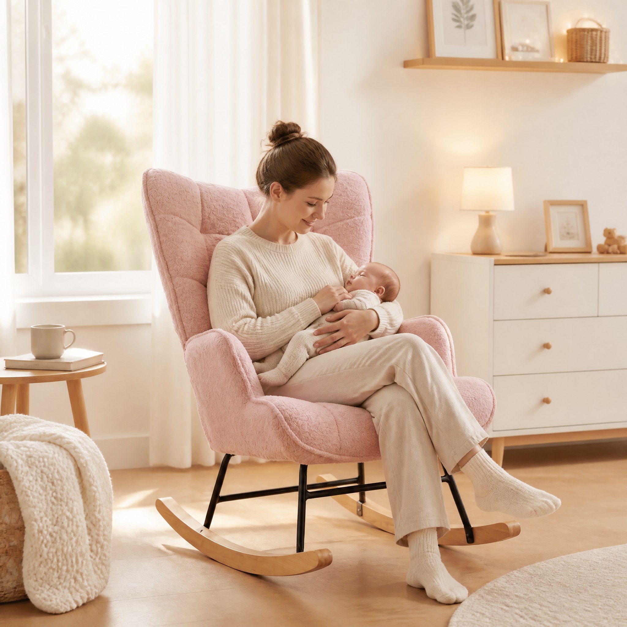 Maman allaitant son bébé dans le fauteuil à bascule Bruma rose