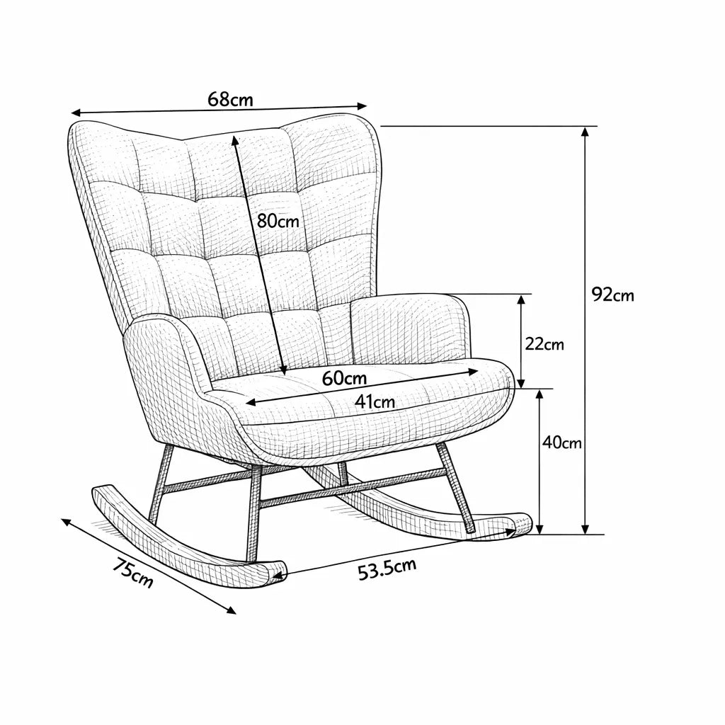 Dimensions du rocking chair Bruma : 92 cm de haut, dossier de 68 cm, base de 75 cm