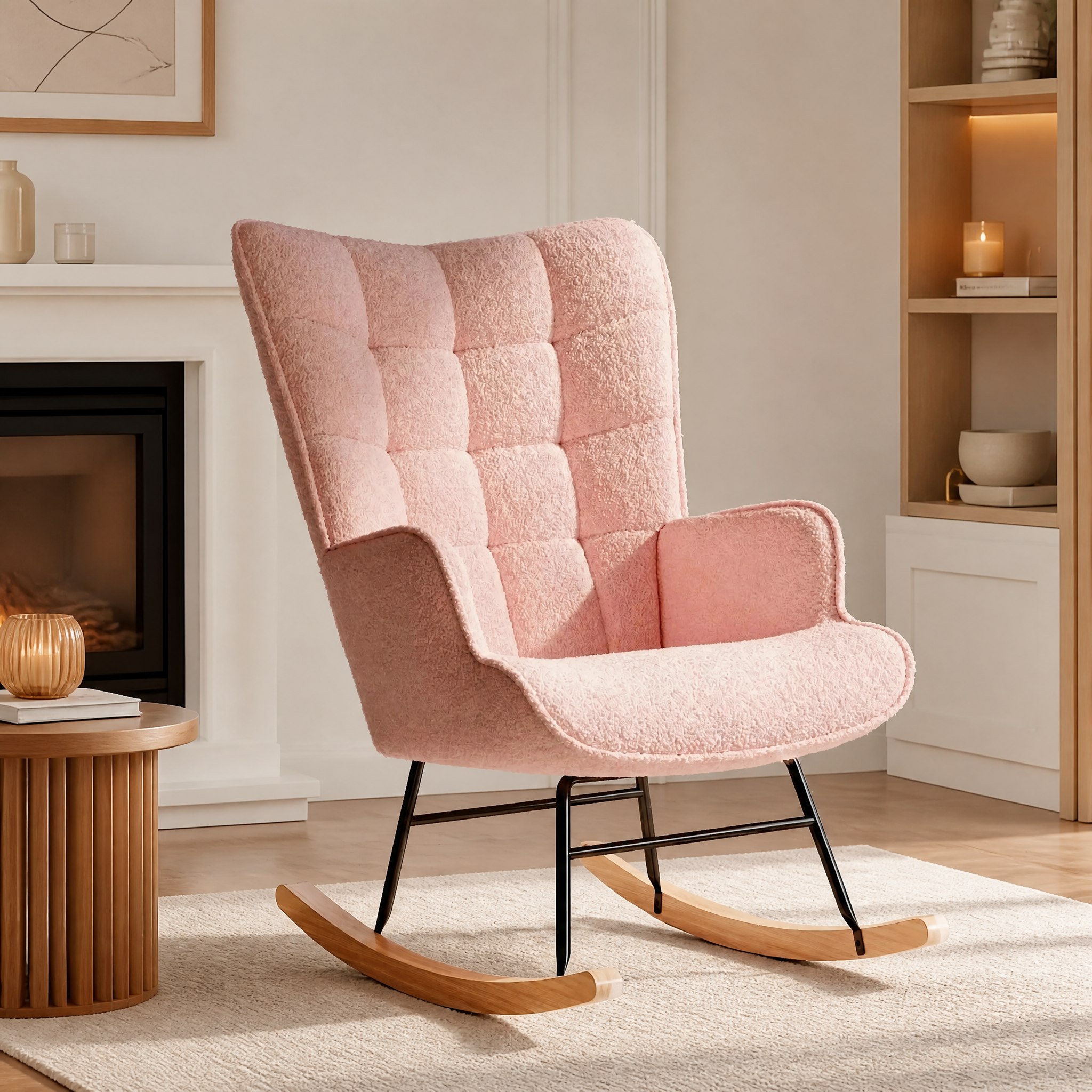 Chaise berçante Bruma rose vue de côté dans un salon