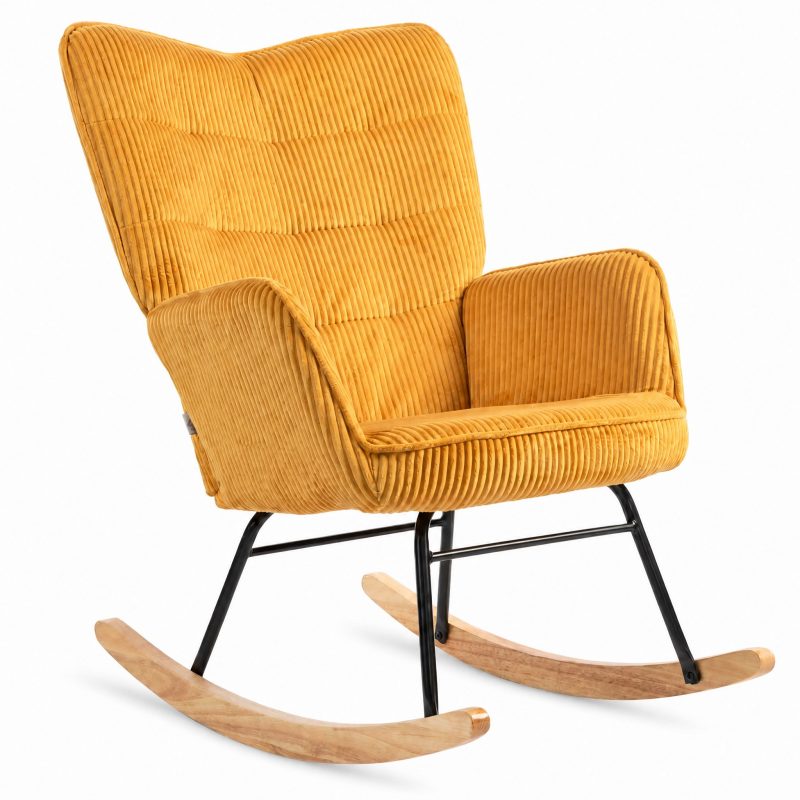 Rocking chair vintage Miela jaune moutarde sur fond blanc
