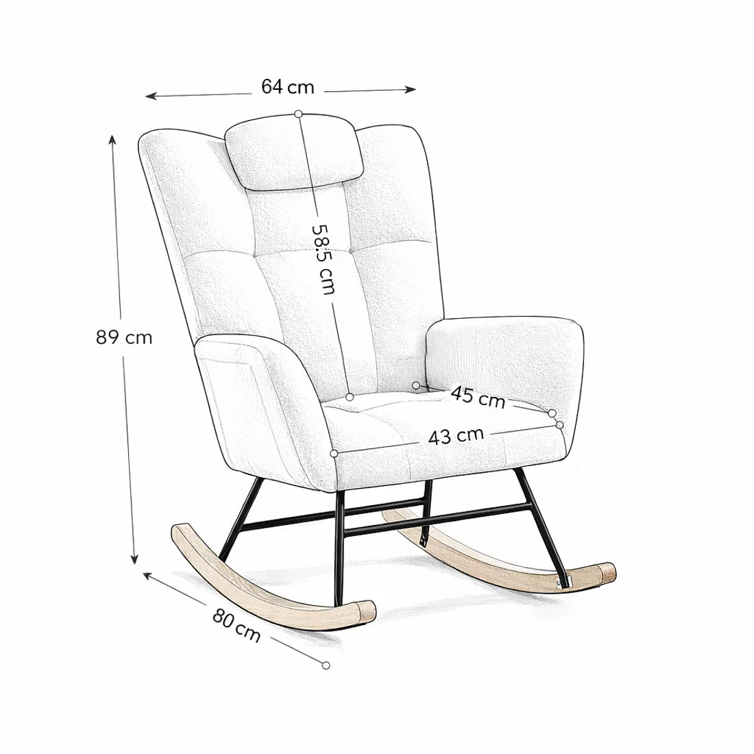Dimensions du rocking chair Ambra : 89 cm de haut, 64 cm de large, base de 80 cm