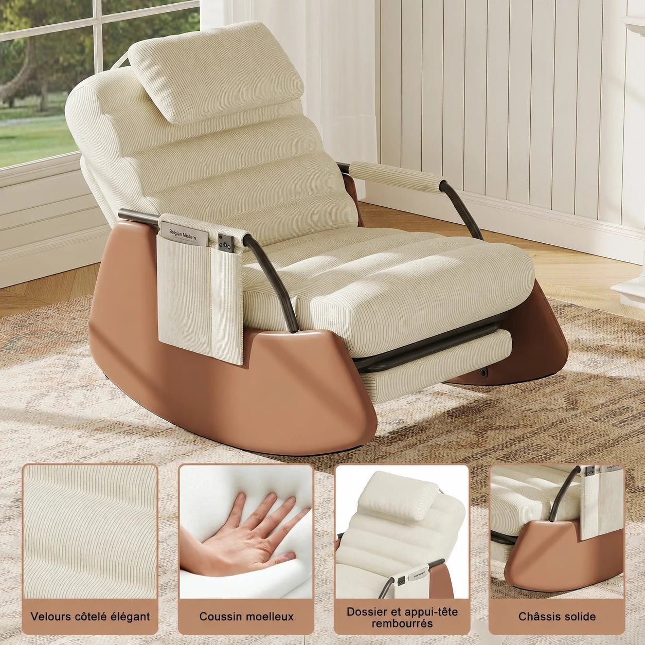 Velours côtelé, dossier rembourré et châssis solide du fauteuil Camelia