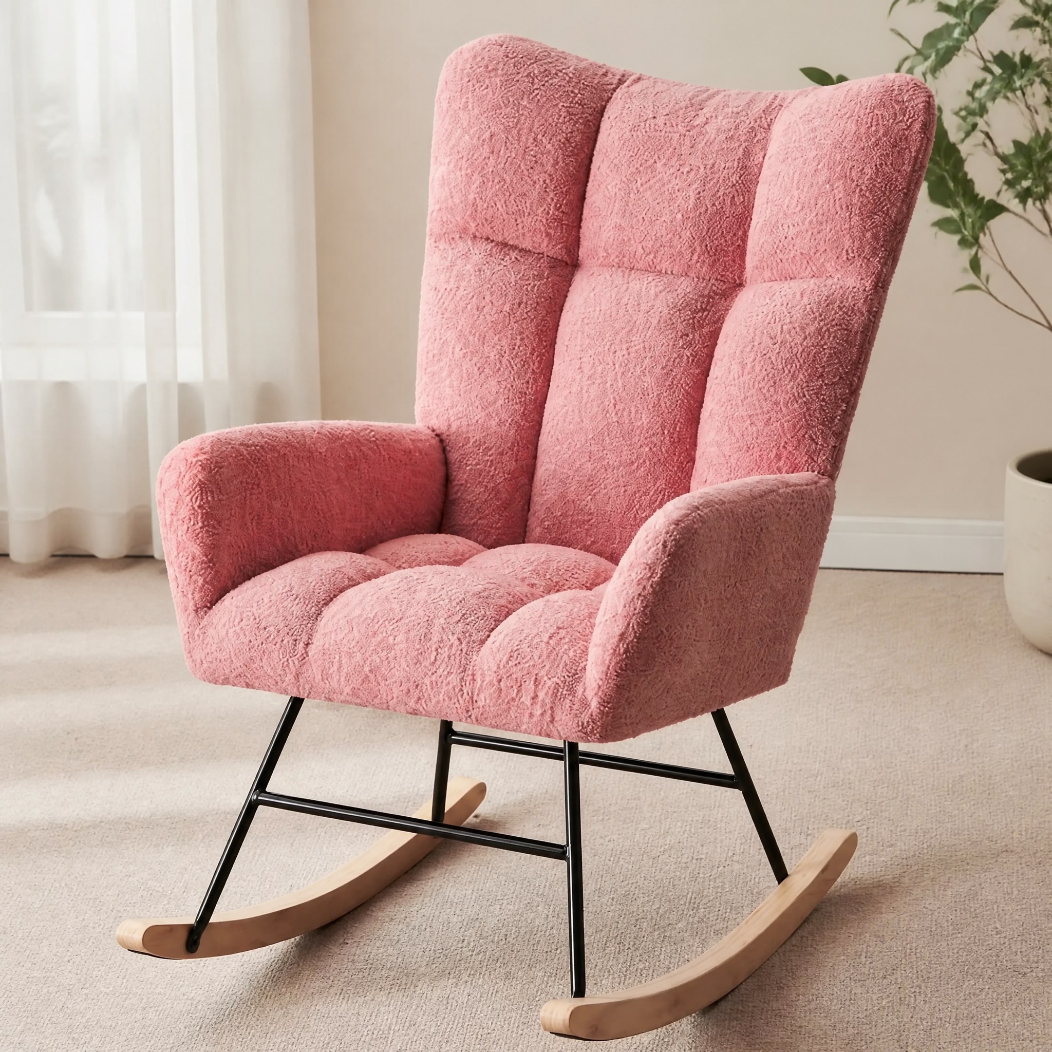 Tissu bouclé rose poudré du fauteuil Obsidia en gros plan