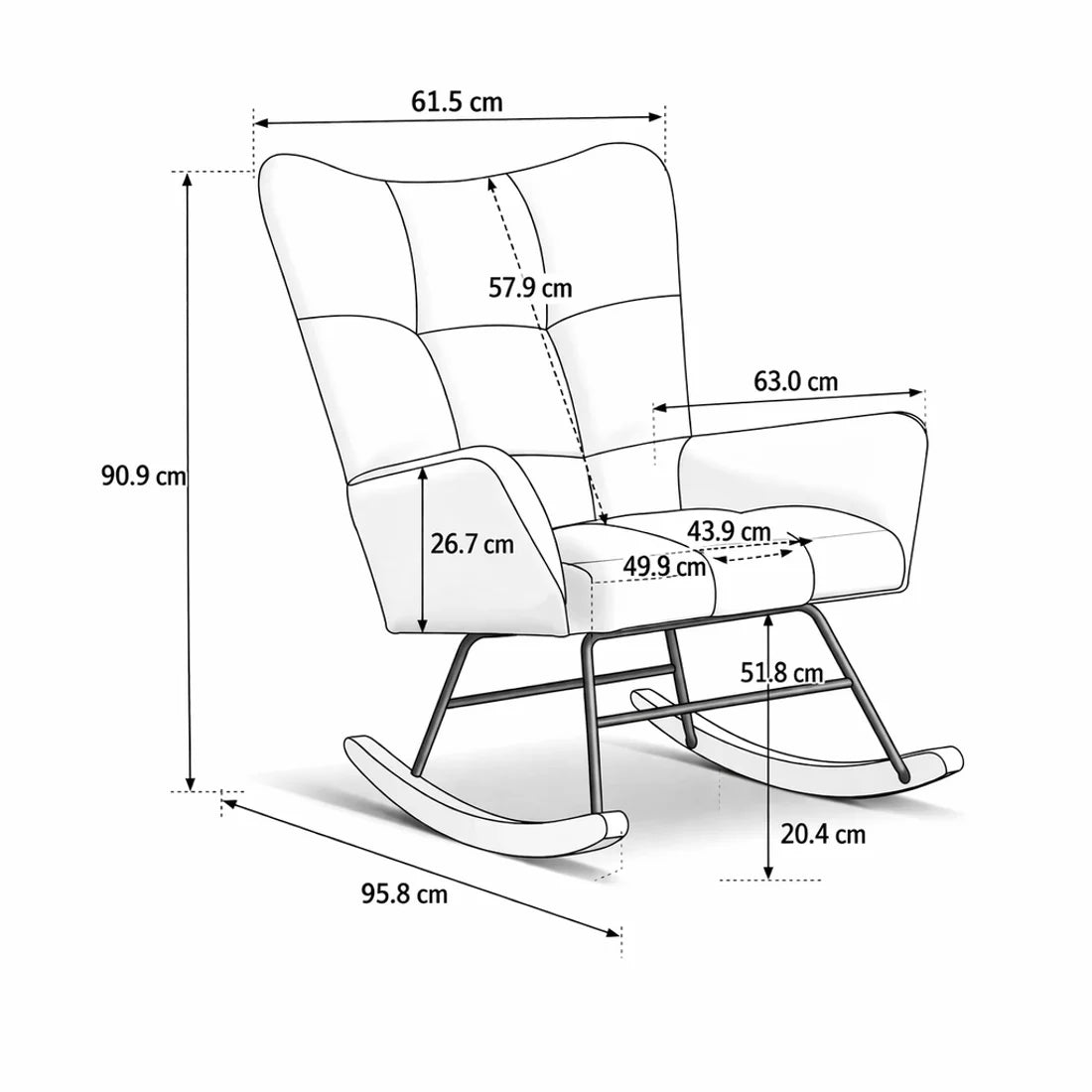 Dimensions du rocking chair Obsidia : 61 × 96 × 91 cm