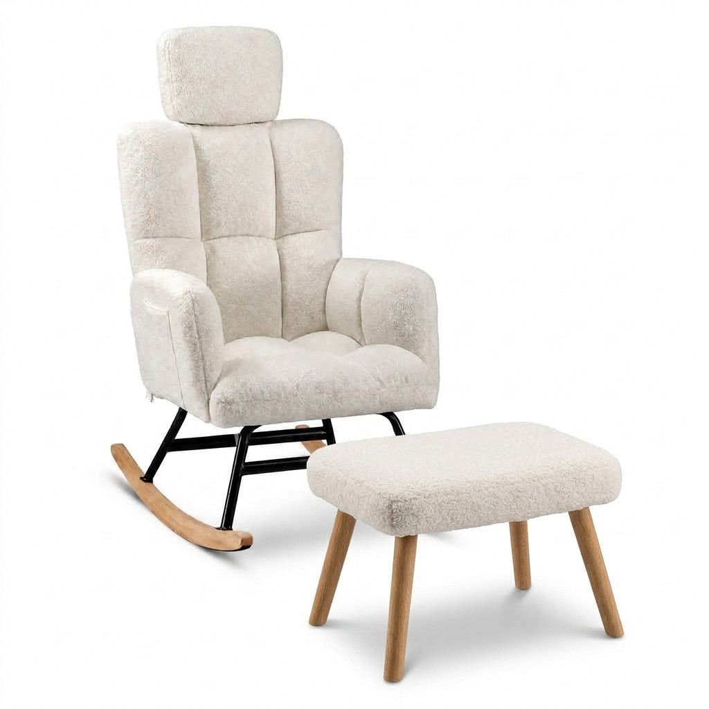 Rocking Chair Teddy coloris Avec repose-pied, vue de trois quarts sur fond blanc