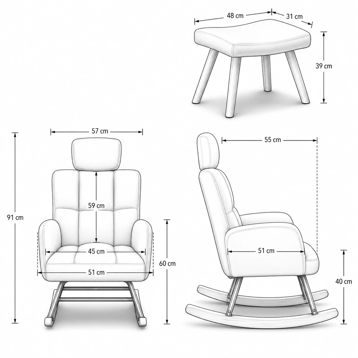 Dimensions du rocking chair Lulla : 57 × 55 × 91 cm