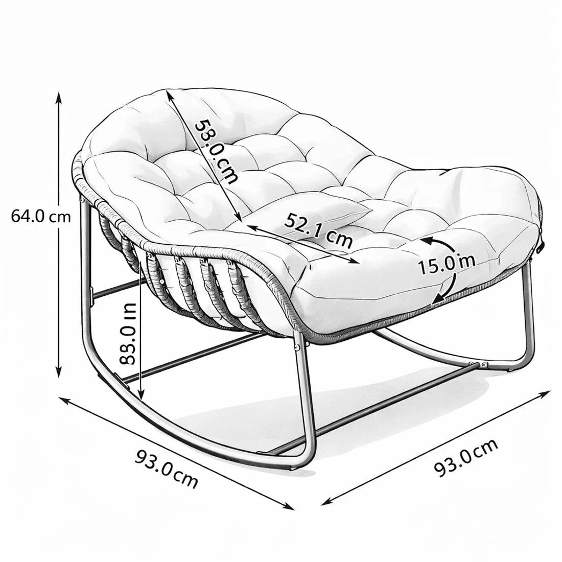 Dimensions du rocking chair Maxima : 93 × 84 × 64 cm