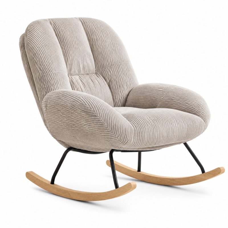 Rocking Chair Beige coloris Gris, vue de trois quarts sur fond blanc Rocking Chair Beige coloris Gris, vue de trois quarts sur fond blanc