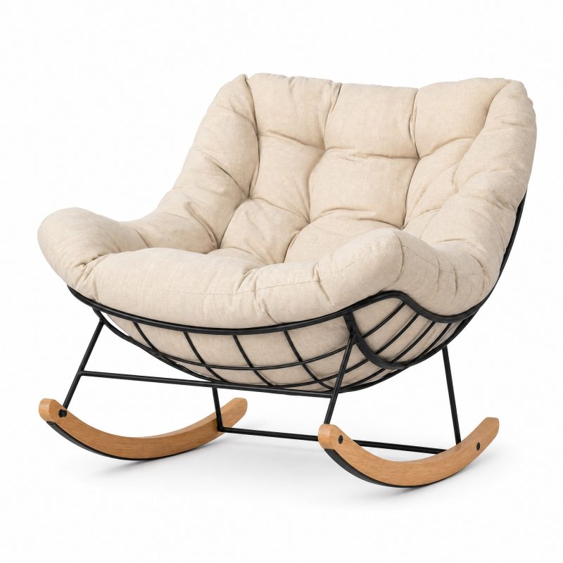 Rocking Chair de Jardin coloris Beige, vue de trois quarts sur fond blanc Rocking Chair de Jardin coloris Beige, vue de trois quarts sur fond blanc