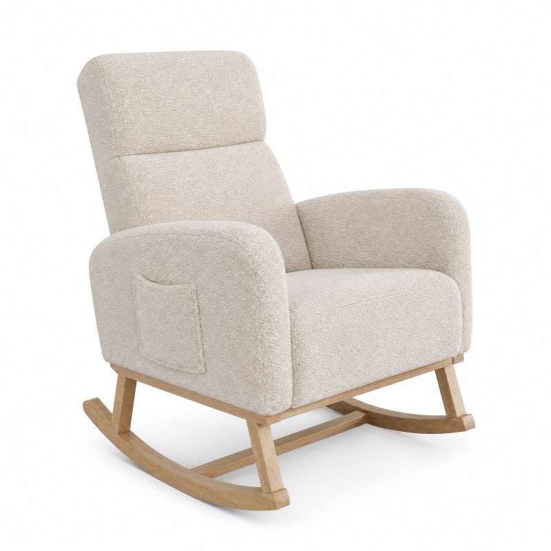 Rocking Chair Dossier Haut coloris Beige, vue de trois quarts sur fond blanc