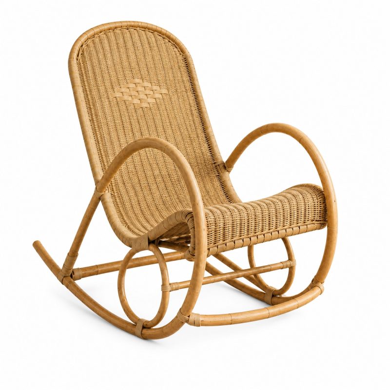 Rocking Chair en Osier, vue de trois quarts sur fond blanc