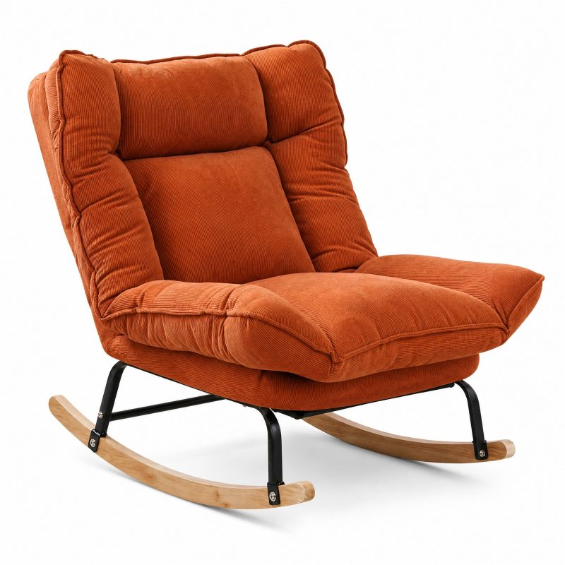 Rocking Chair Inclinable coloris Orange Terracotta, vue de trois quarts sur fond blanc Rocking Chair Inclinable coloris Orange Terracotta, vue de trois quarts sur fond blanc