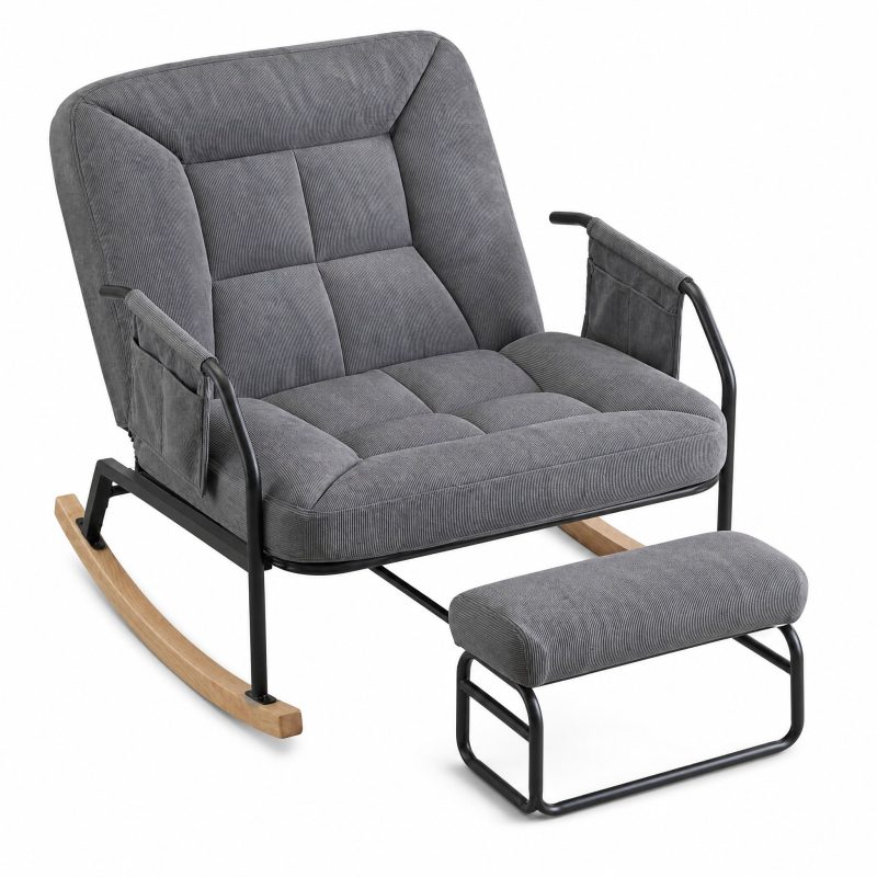 Rocking Chair Repose Pieds coloris Gris, vue de trois quarts sur fond blanc