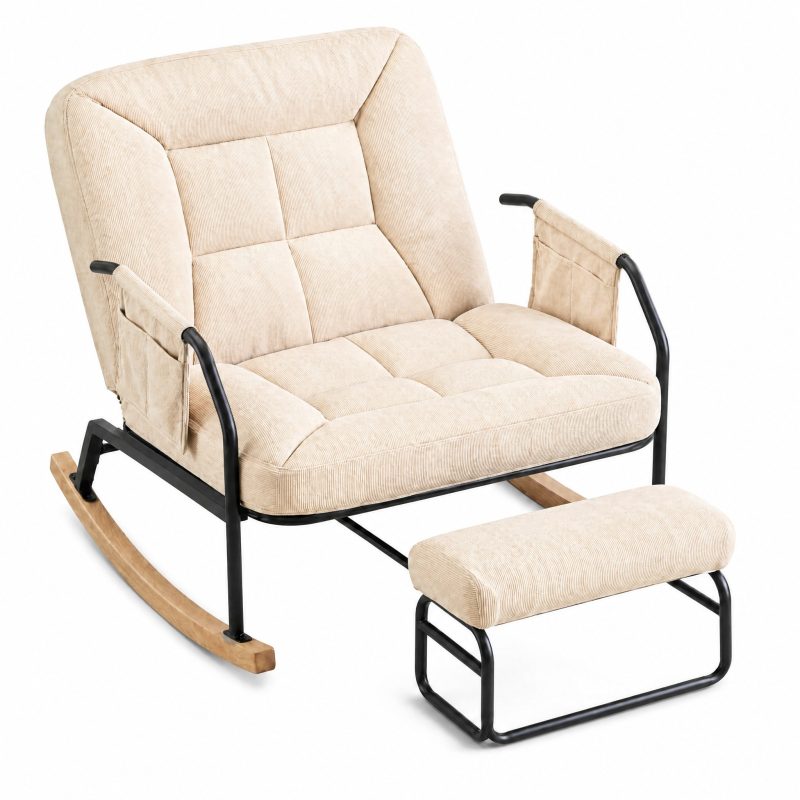 Rocking Chair Repose Pieds coloris Beige, vue de trois quarts sur fond blanc