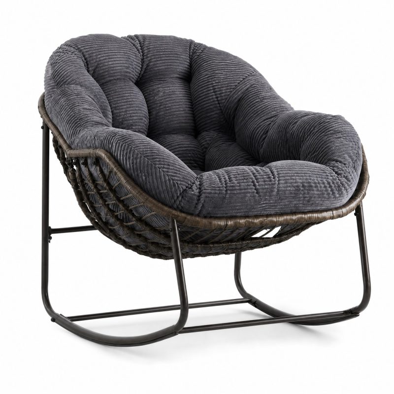 Rocking Chair Rond coloris Gris, vue de trois quarts sur fond blanc Rocking Chair Rond coloris Gris, vue de trois quarts sur fond blanc
