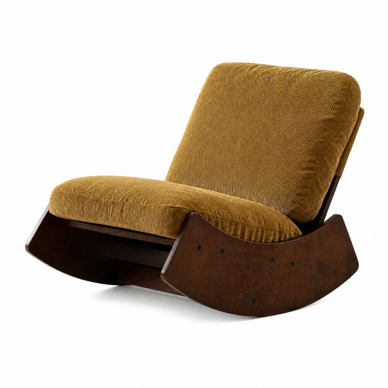 Rocking Chair Vintage coloris Jaune Moutarde, vue de trois quarts sur fond blanc